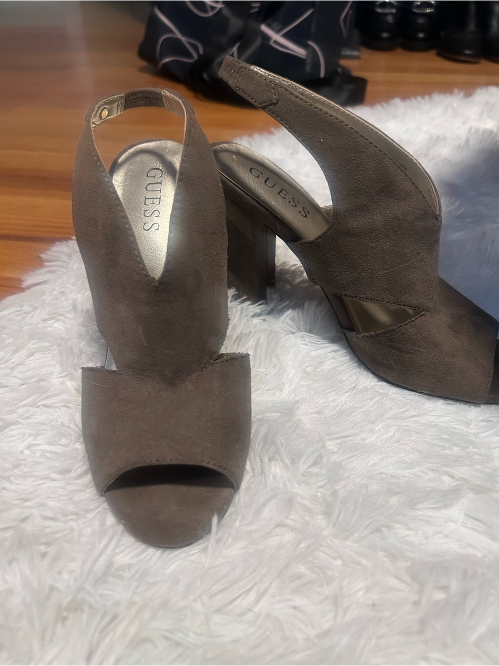 GUESS Brown Suede Open-Toe Slingback Block Heels | Size 7